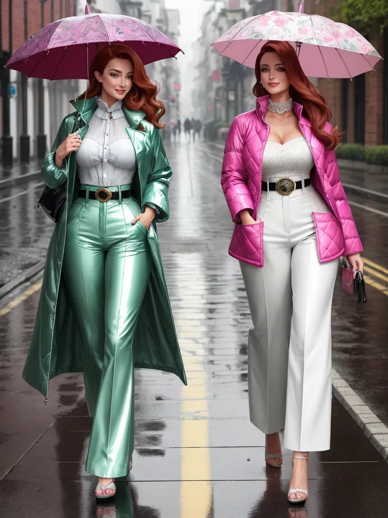 ai generated images free - two women walking down a street holding umbrellas in the rain, one in a pink jacket and the other in a white top, by Hendrik van Steenwijk I