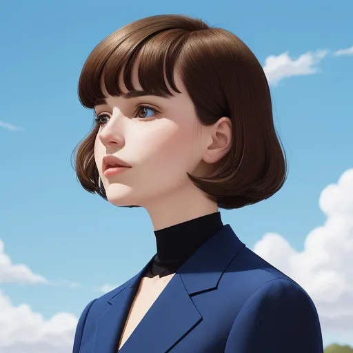 pixel to inches conversion - a woman with a blue suit and black shirt on a sunny day with clouds in the background and a blue sky, by Daniela Uhlig