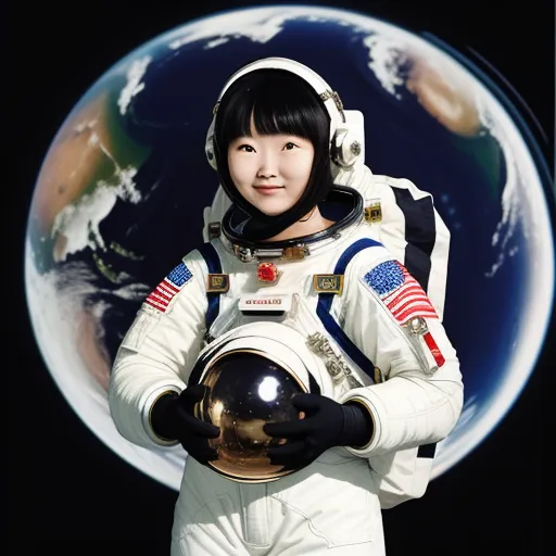 a woman in a space suit holding a ball in front of a planet background with a black background and a white background, by Terada Katsuya