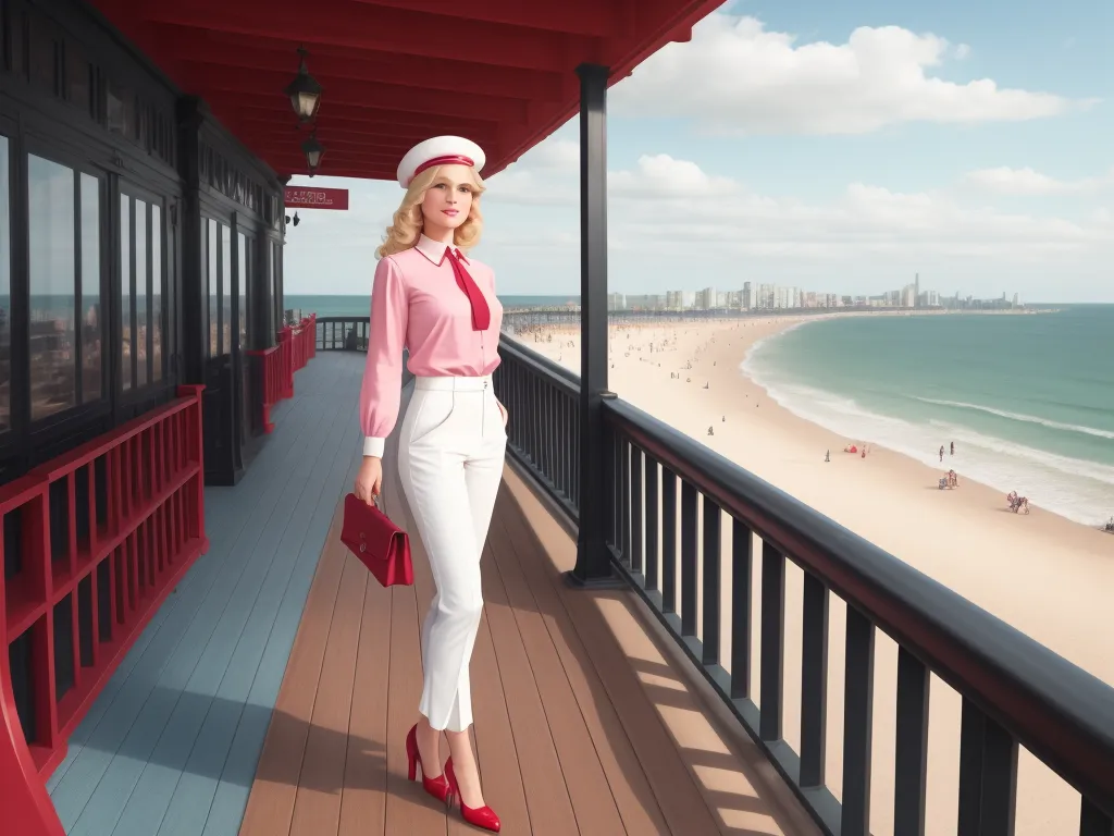 a woman in a pink shirt and white pants on a balcony overlooking the beach and ocean with a red purse, by Jeannette Guichard-Bunel