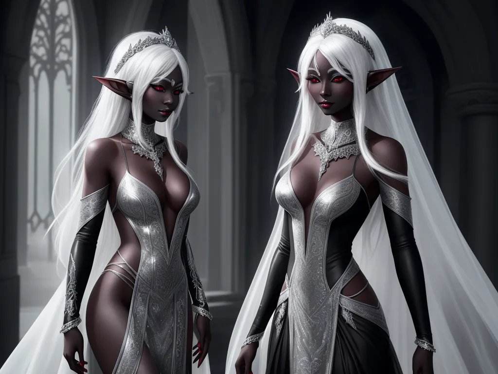 complete image ai - a couple of women dressed in white and black outfits with white hair and horns on their heads and shoulders, by Lois van Baarle