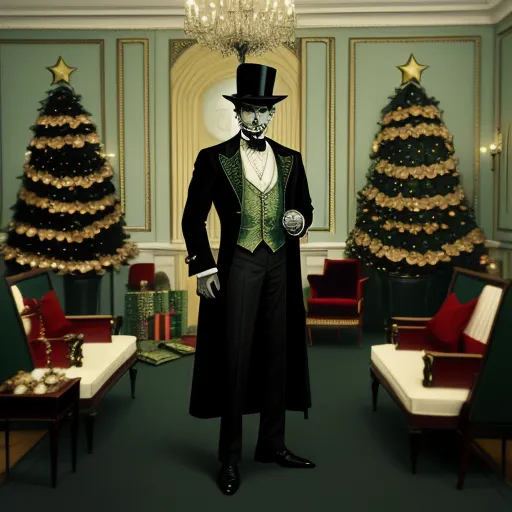 a man in a top hat and coat standing in a room with christmas trees and couches and a chandelier, by Craola