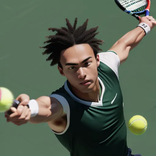 image to 4k - a man with dreadlocks is playing tennis on a court with a racket and ball in the air, by Terada Katsuya