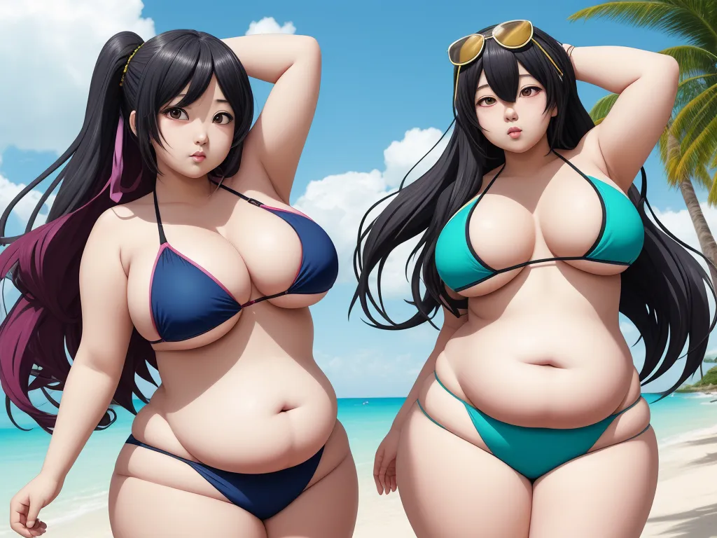 two cartoon characters are posing on the beach together, one is wearing a bikini and the other is wearing a bikini, by Toei Animations