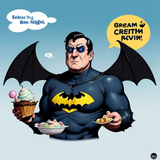 a cartoon of a man in a batman costume holding a bowl of ice cream and a bowl of ice cream, by Butcher Billy