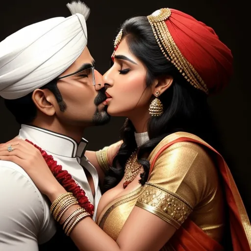change image resolution online - a man and woman kissing each other while wearing indian attire and jewelry photo by a professional photographer in a studio, by Raja Ravi Varma