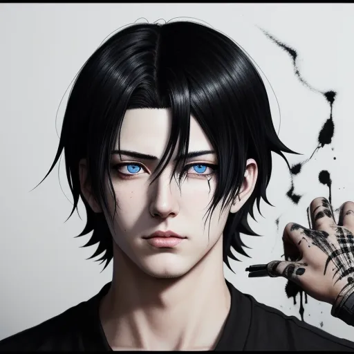 ai image genorator - a man with blue eyes and black hair holding a cigarette in his hand and a cigarette in his other hand, by Takeshi Obata