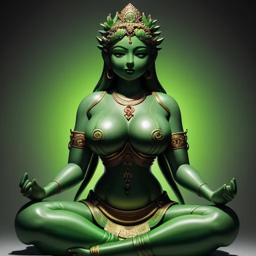 free online ai image generator from text - a statue of a woman sitting in a lotus position with a green background and a green background behind her, by Terada Katsuya