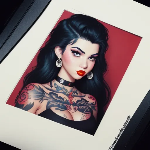 a picture of a woman with tattoos on her chest and chest, with a red background and a white frame, by Lois van Baarle