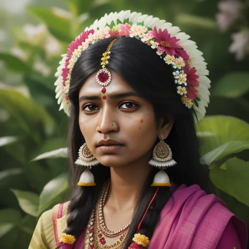 convert image to text ai - a woman with a flowered headpiece and a necklace on her neck and a pink saree on her shoulder, by Raja Ravi Varma