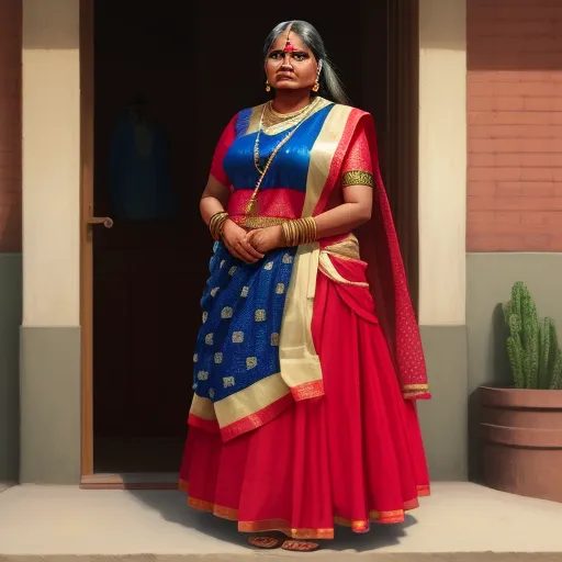 a woman in a red and blue dress standing in a doorway with a cactus in the background and a potted cactus in the foreground, by Raja Ravi Varma