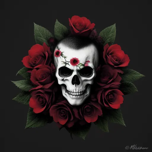a skull with flowers around it's neck and a black background with red roses around it and a black background with a black background with a black background, by Billie Waters