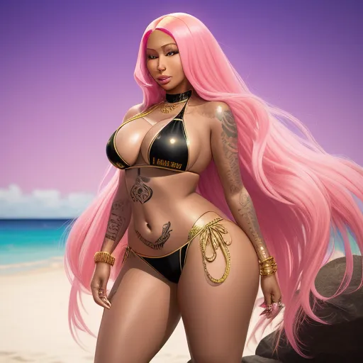 ai image generator names - a very pretty lady with pink hair and tattoos on her body and a big breast in a bikini on the beach, by David LaChapelle