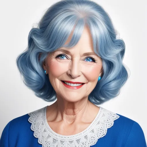 a woman with blue hair and a blue dress smiling at the camera with a white background and a white collar, by Studio Ghibli