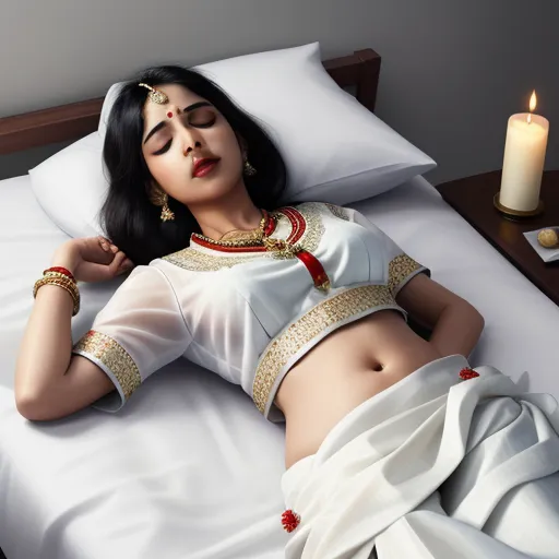 images high resolution - a woman in a white sari laying on a bed with a candle in the background and a candle lit on the bed, by Raja Ravi Varma