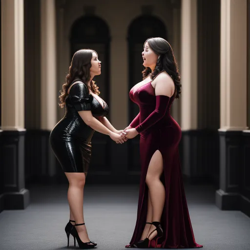 two women in dresses shaking hands in a room with columns and columns on the walls, one in a black dress and the other in a red dress, by Botero