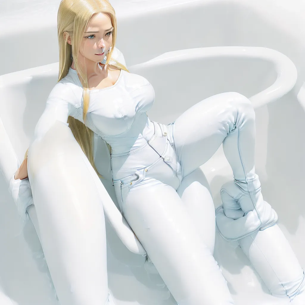 a woman in a white outfit is sitting in a bathtub with her legs spread out and her hand on her lips, by Leiji Matsumoto