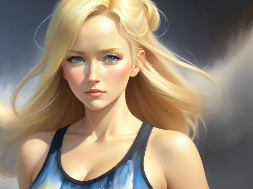 a digital painting of a blonde woman with blue eyes and a blue tank top on her top is looking at the camera, by Daniela Uhlig