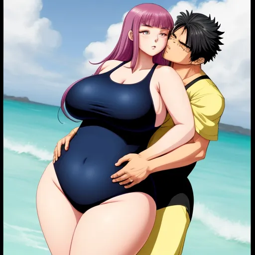 a cartoon of a pregnant woman and a man hugging on the beach with the ocean in the background and a sky in the background, by Rumiko Takahashi