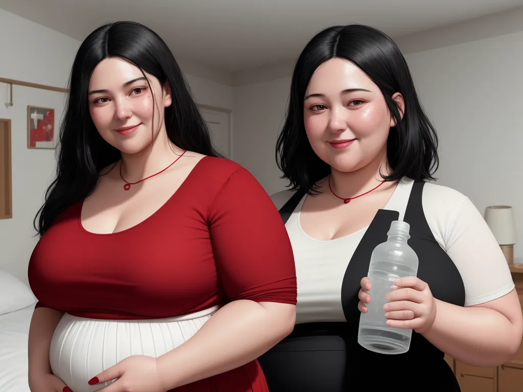 ai text to picture - two women standing next to each other holding a bottle of water and a bottle of water in their hands, by Terada Katsuya