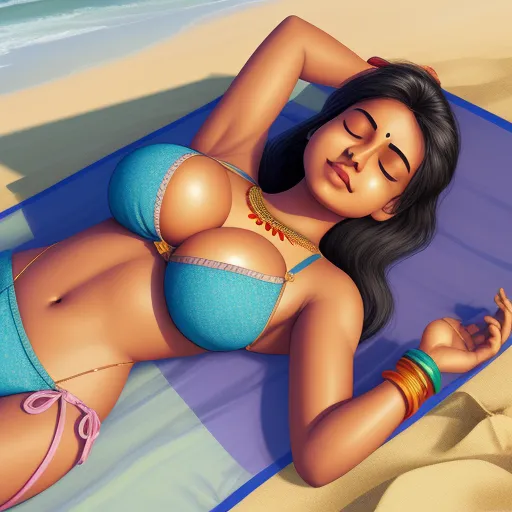 a woman in a bikini laying on a towel on the beach with her eyes closed and her hand on her hip, by Raja Ravi Varma