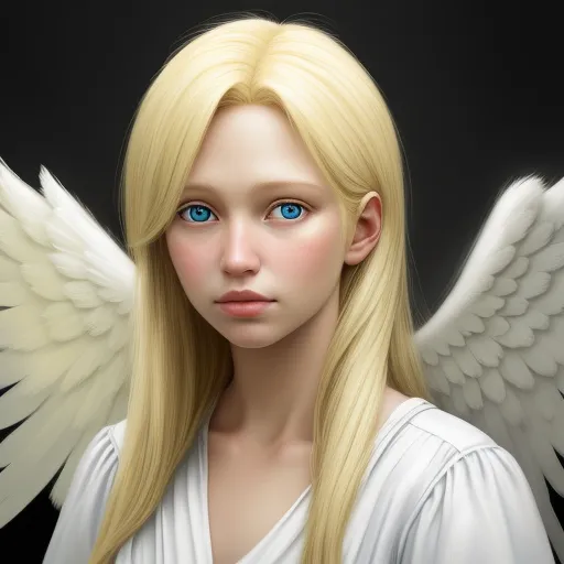a digital painting of a blonde angel with blue eyes and long hair, with white wings on a black background, by Daniela Uhlig