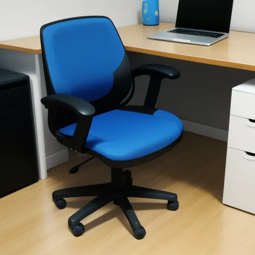 a blue office chair sitting in front of a desk with a laptop computer on it and a file cabinet, by Toei Animations