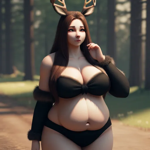 a woman in a bikini with deer horns on her head and a deer tail on her head, standing in a forest, by Studio Ghibli