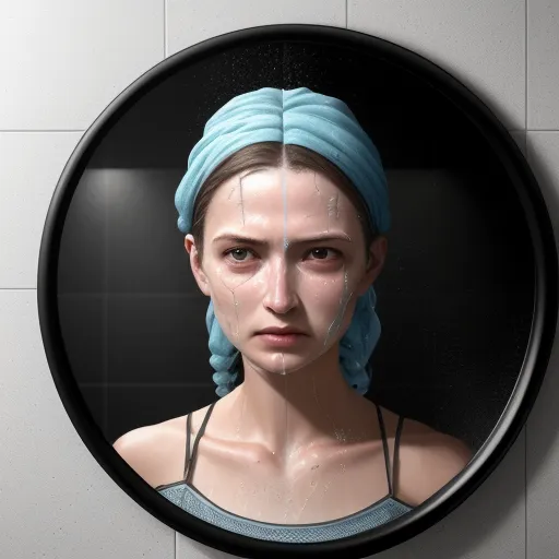 a woman with a blue headband is reflected in a mirror on a wall with a tiled wall behind her, by Adam Martinakis