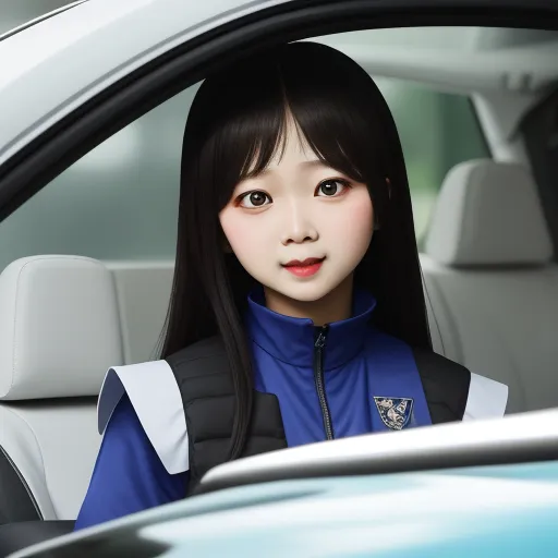 ultra high resolution images free - a woman sitting in a car with a blue shirt on and a black and white jacket on and a car door open, by Terada Katsuya