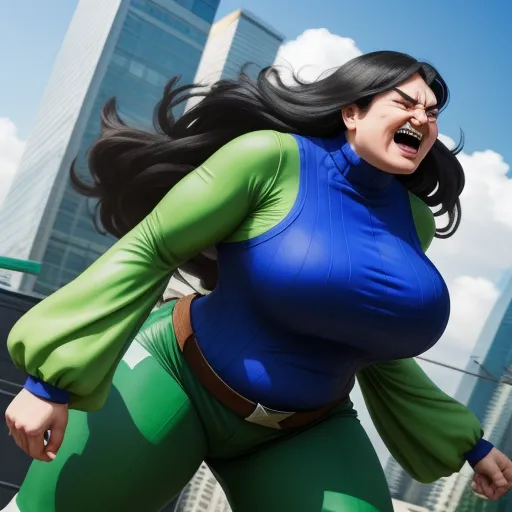 a woman in a green and blue outfit running in the air with her mouth open and her hair blowing back, by Hirohiko Araki