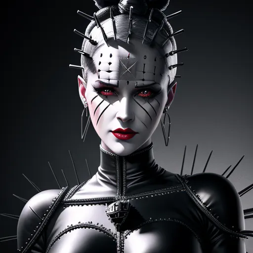 how to increase photo resolution - a woman with spikes on her head and a black body suit with red eyes and spikes on her head, by Terada Katsuya