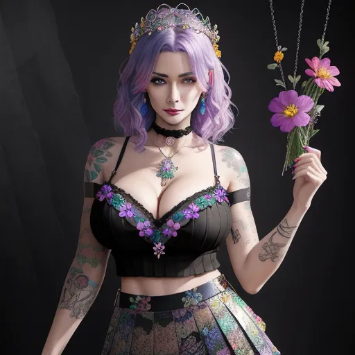 ai image generator online - a woman with purple hair holding a flower and a necklace on her neck and wearing a black bra top, by Terada Katsuya