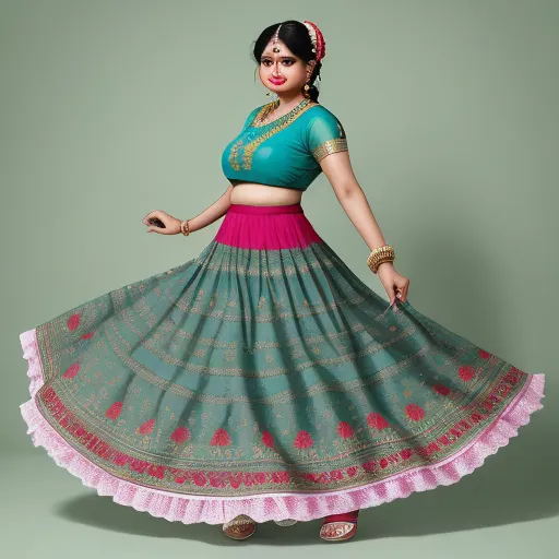 a woman in a green and pink lehenga with a pink skirt and a pink blouse and a green background, by Raja Ravi Varma