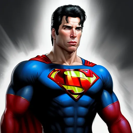 a man in a superman suit with a red cape on his chest and a black shirt on his chest, by Brian Bolland