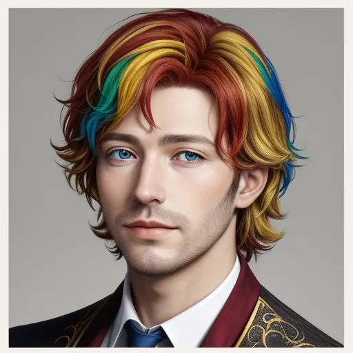 how to increase picture resolution - a man with a colorful hair and a suit on and tie on, with a white background and a white square frame, by Lois van Baarle