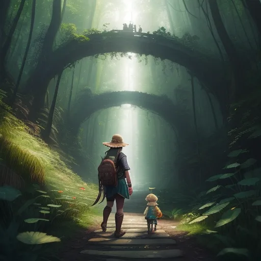a man and a child walking through a forest with a bridge in the background and a light at the end of the tunnel, by Hayao Miyazaki