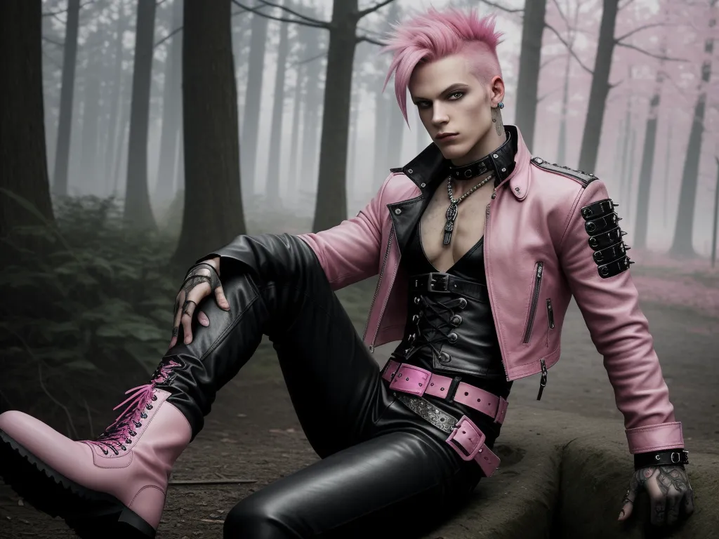 a woman with pink hair and leather clothes sitting on a rock in a forest with trees and fog behind her, by Sailor Moon