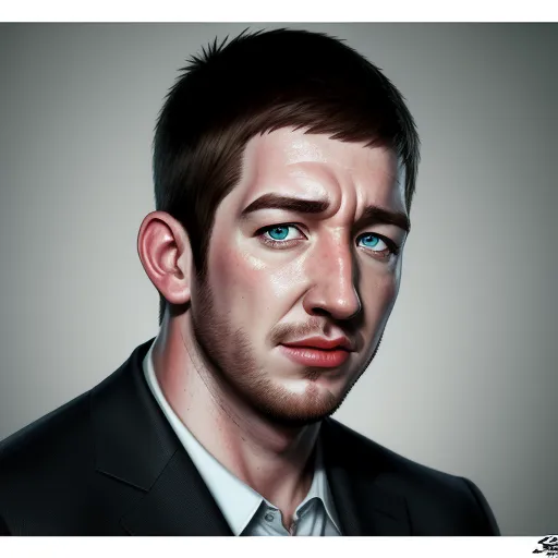 a man with a suit and tie is looking at the camera with a serious look on his face and blue eyes, by Dan Smith
