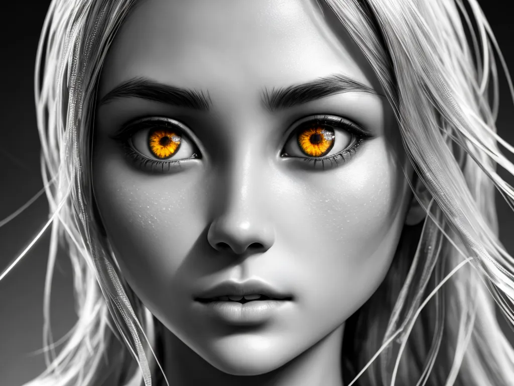 4k hd photo converter - a woman with yellow eyes and long hair is shown in this black and white photo with a yellow eye, by Daniela Uhlig