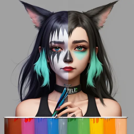 increasing resolution of image - a woman with a cat mask and a cat earband holding a paintbrush in front of a rainbow paint can, by Lois van Baarle