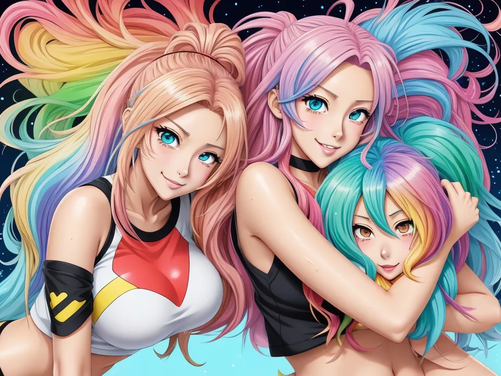 three anime girls with colorful hair and a black top are posing for a picture together in front of a galaxy background, by Lois van Baarle