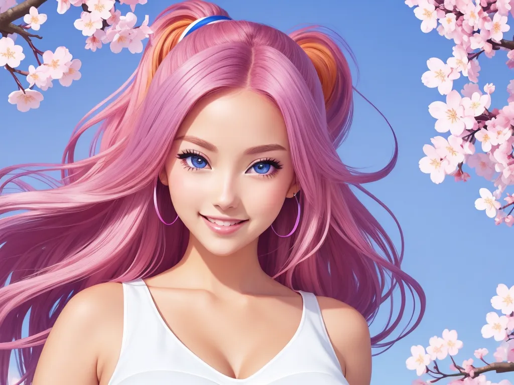 convert photo to 4k online - a girl with pink hair and blue eyes is smiling at the camera with pink flowers in the background and a blue sky, by Akira Toriyama