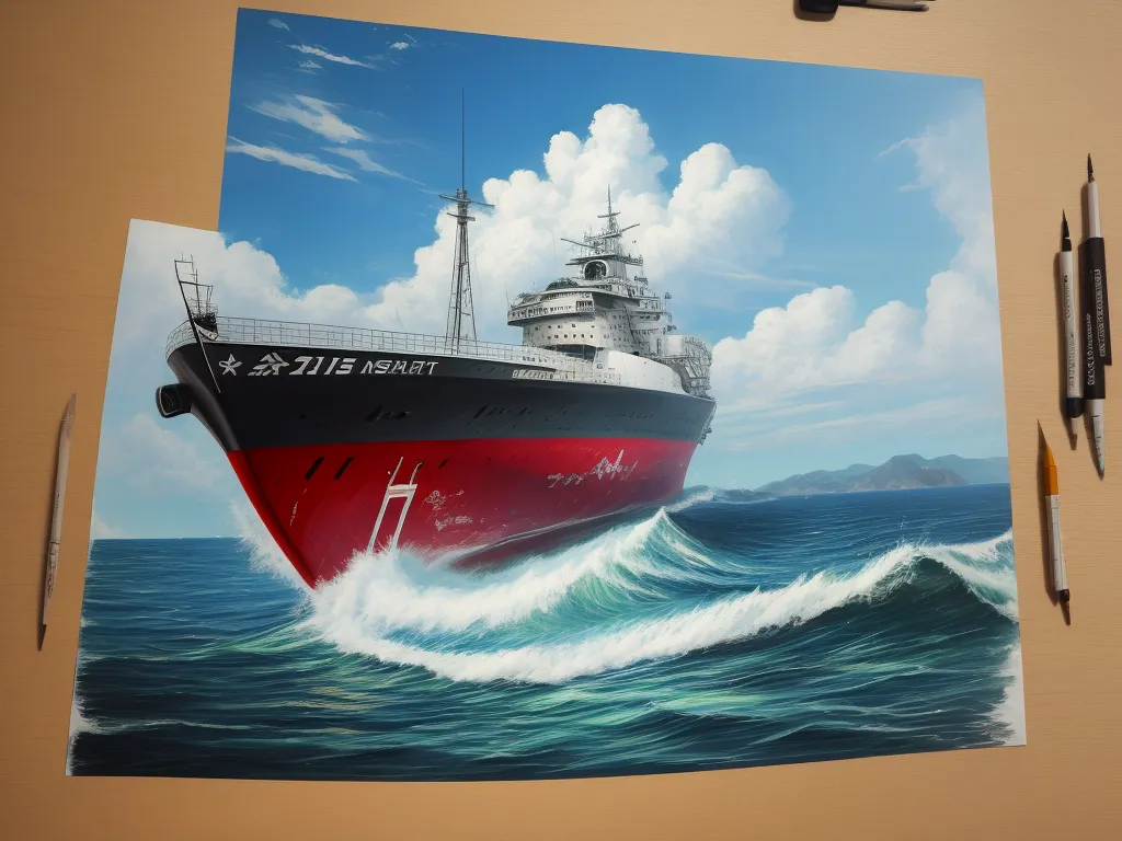 text to illustration ai - a painting of a ship in the ocean with a sky background and clouds above it, with a marker marker in front of it, by Yoshiyuki Tomino