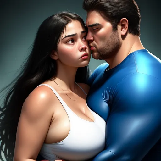 a man and a woman are kissing in a pose together, with a blue body suit on and a black background, by Lois van Baarle