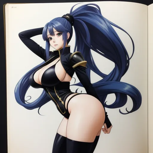 a woman with long blue hair and black boots is posing in a book with her hands on her hips, by Masamune Shirow