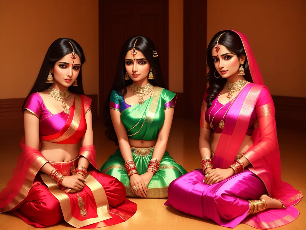 turn a picture into high resolution - three women in colorful saris sitting on the floor together, one of them is wearing a red and green sari, by Raja Ravi Varma