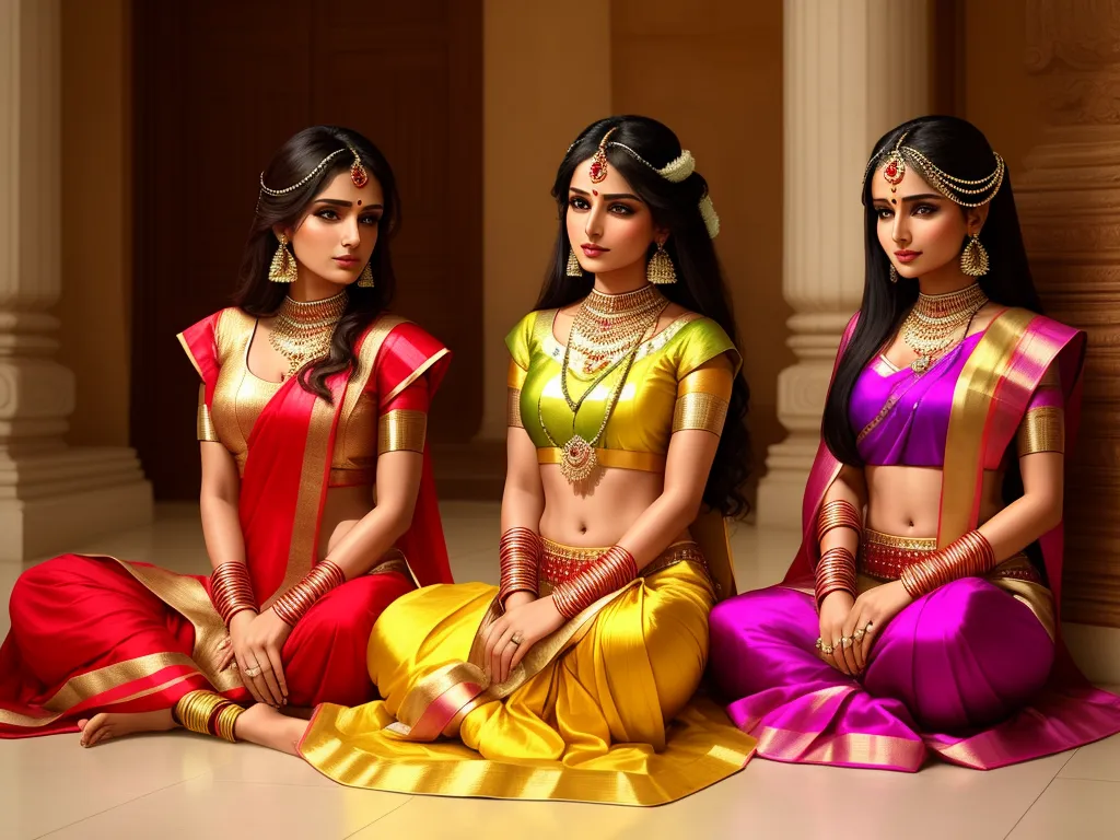 nsfw ai image generator - three women in colorful saris sitting on the floor in a room with columns and columns in the background, by Raja Ravi Varma