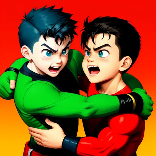 increasing resolution of image - two young men hugging each other with a red background behind them and a yellow background behind them, with a red background behind them, by Toei Animations