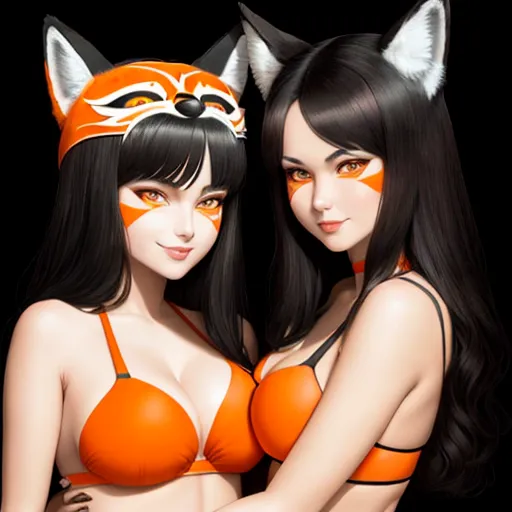 two women in bikinis with cats on their heads and one wearing a fox mask and the other wearing a bikini, by Chen Daofu